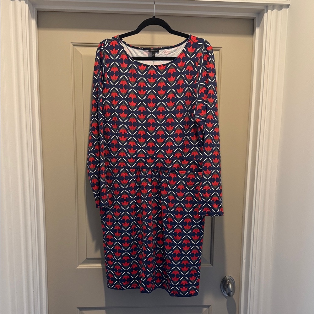 Talbots NWT XL Women's Navy and Red Patterned Long Sleeve Dress
